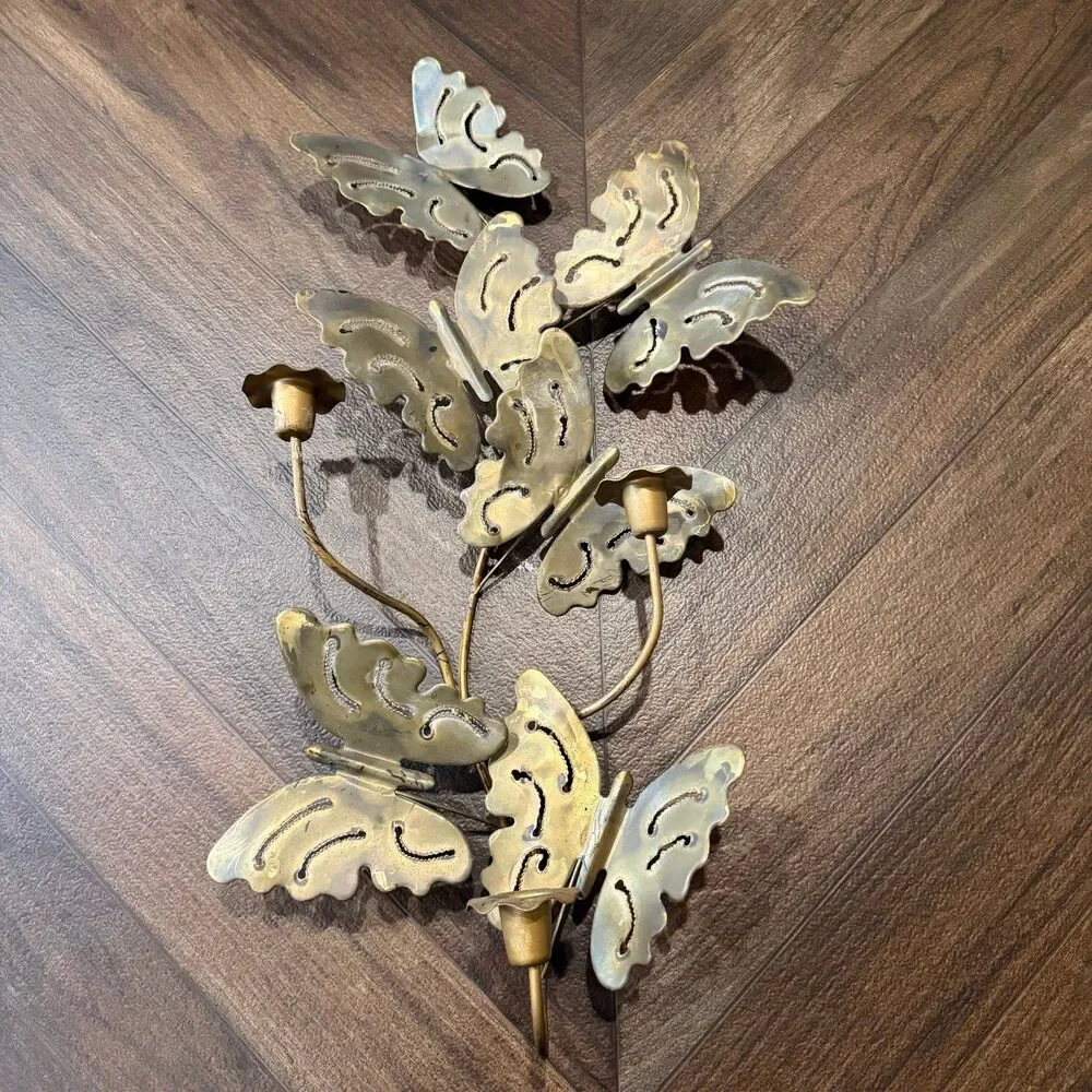 Vintage MCM Brass Butterfly Candle Holder Scone Wall Hanging Decor
